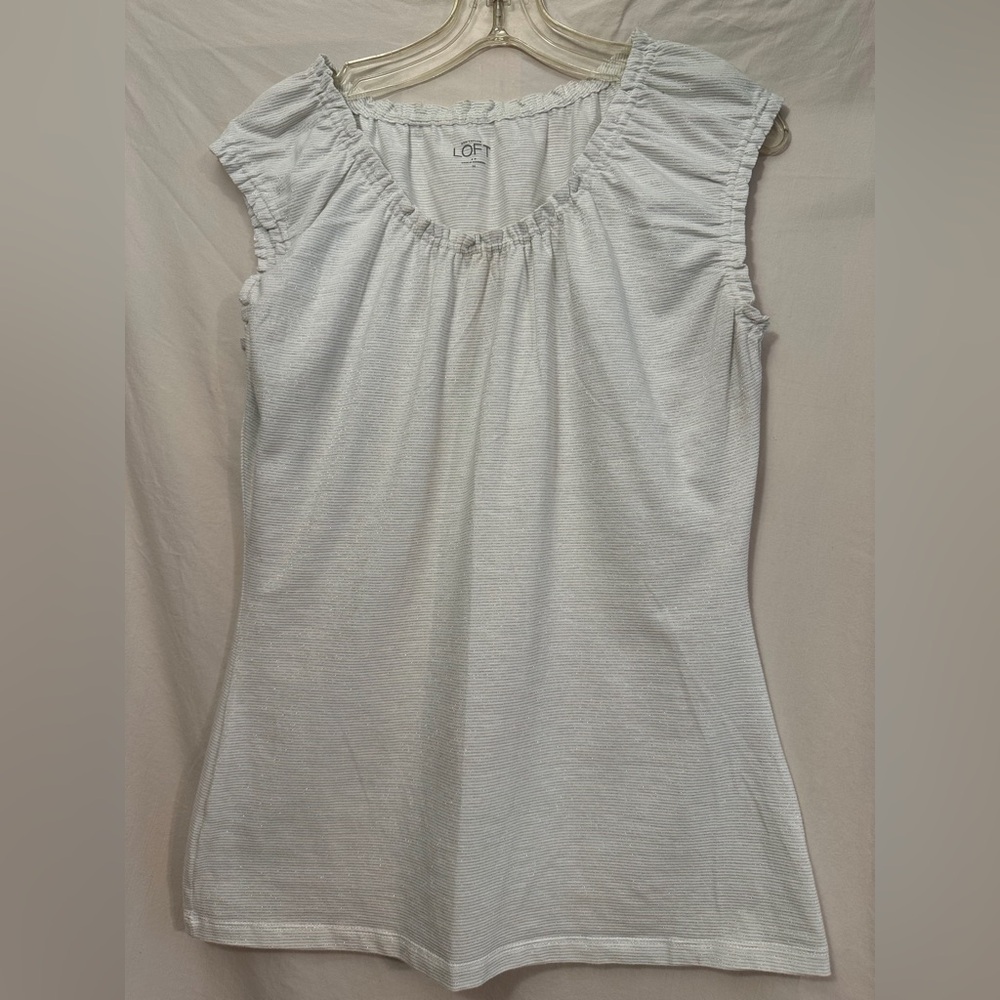 LOFT White and Silver Gathered Neck Top